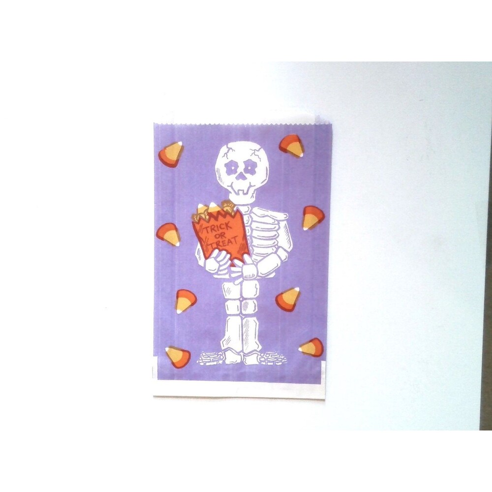 Fun World Halloween Paper Treat Bag Skeleton Candy Corn Purple Vintage USA